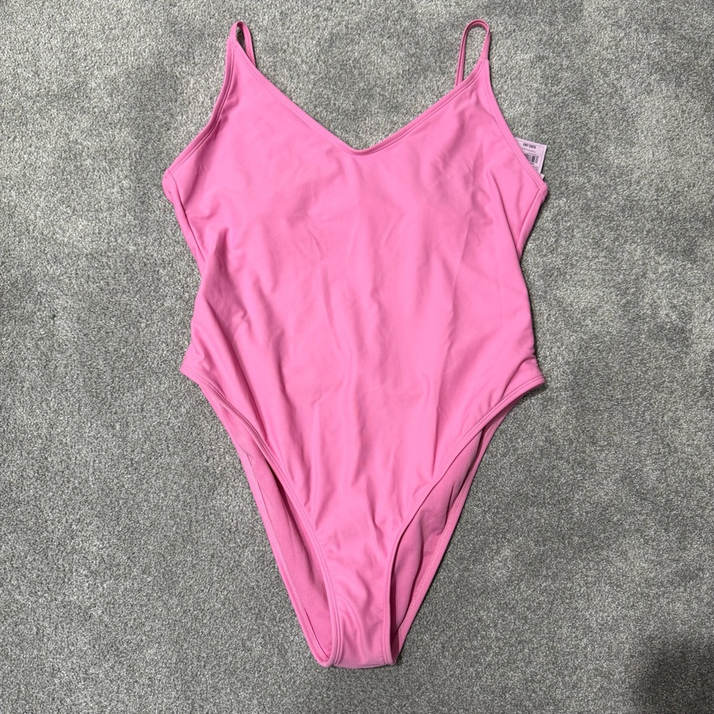 Wild Fable Pink V-Neck One-Piece Swimsuit, high thigh, no padding, size large